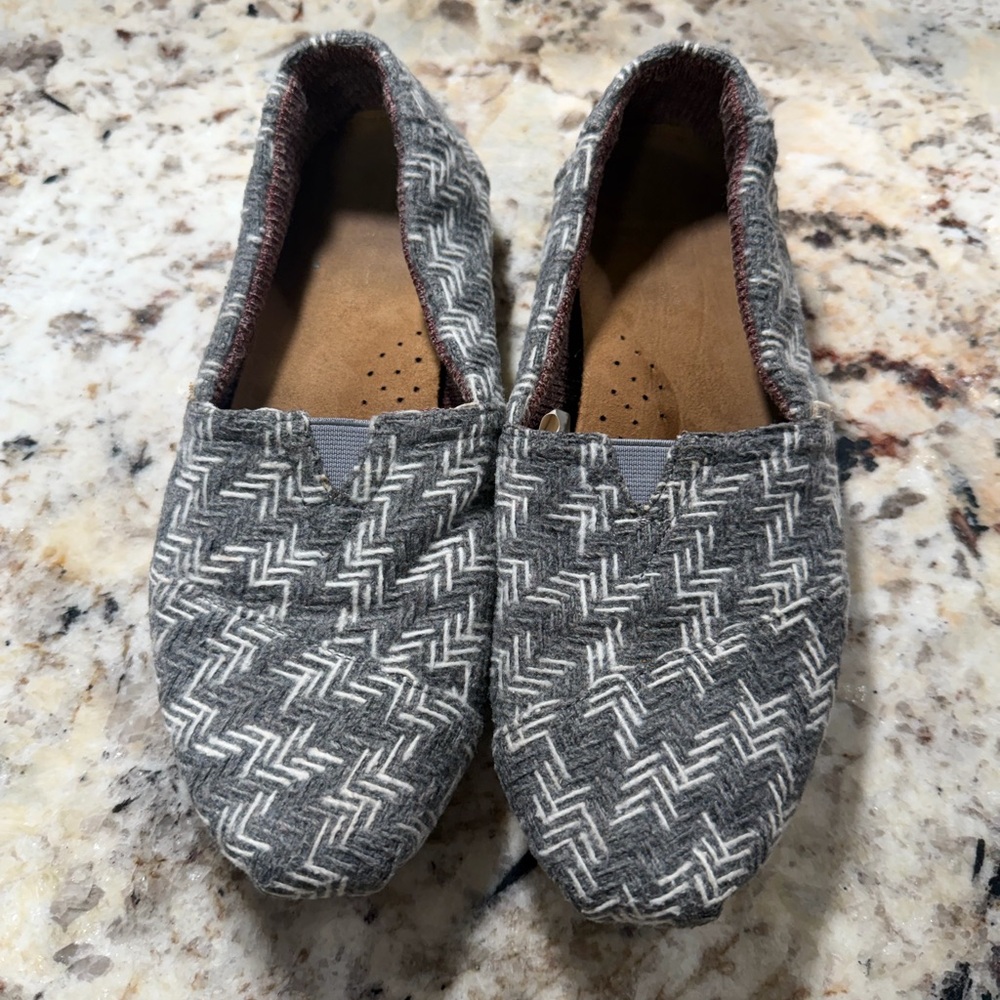Toms Gray White herringbone Alpargata canvas Women's slip on Flats loafers
